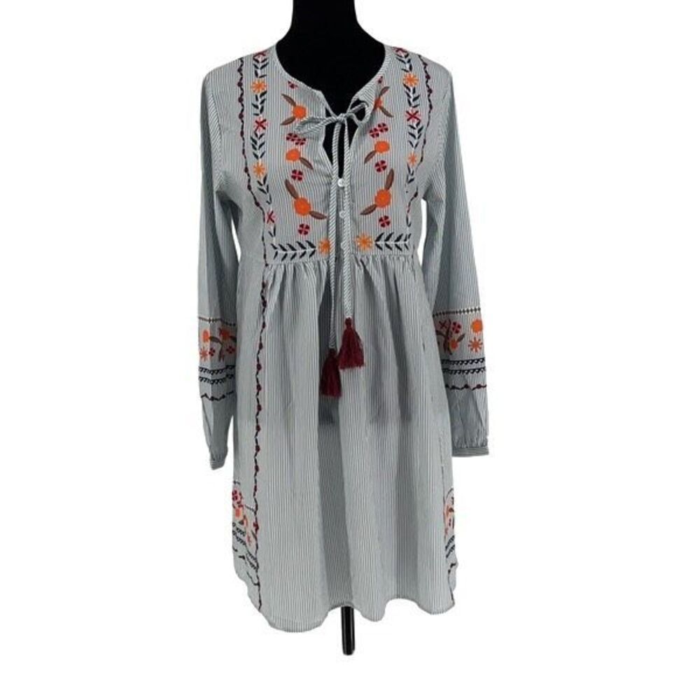 NWT Made with Love Womens Striped Tassel Tie Neck Tunic Dress Blue‎ White Small